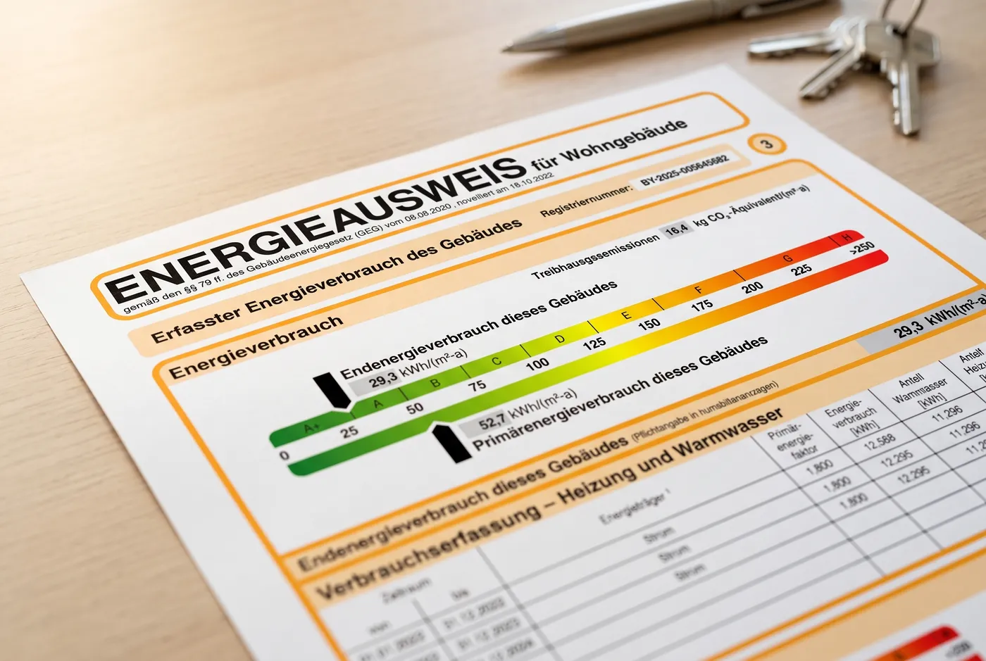Energieausweis für Wohngebäude auf einem Schreibtisch, mit der farbigen Effizienzskala von Grün bis Rot, daneben Kugelschreiber und Wohnungsschlüssel