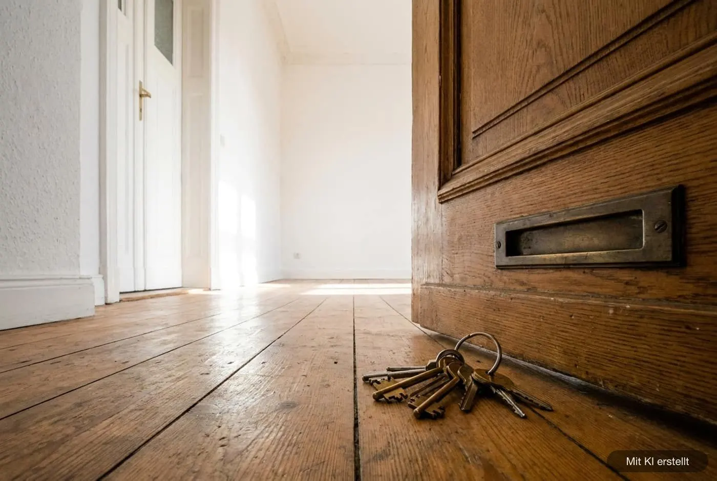 Schlüsselbund liegt in einer leeren Wohnung auf den Dielen unter dem Briefschlitz der Tür